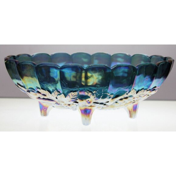 VTG Indiana Carnival Glass Blue Grapes Footed Harvest Fruit Bowl Iridescent - Picture 2 of 10